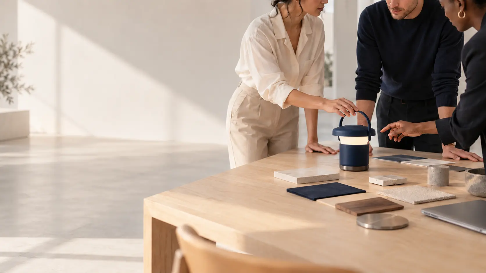 Fictional product team reviewing the navy Lumen portable lamp and material samples around a table
