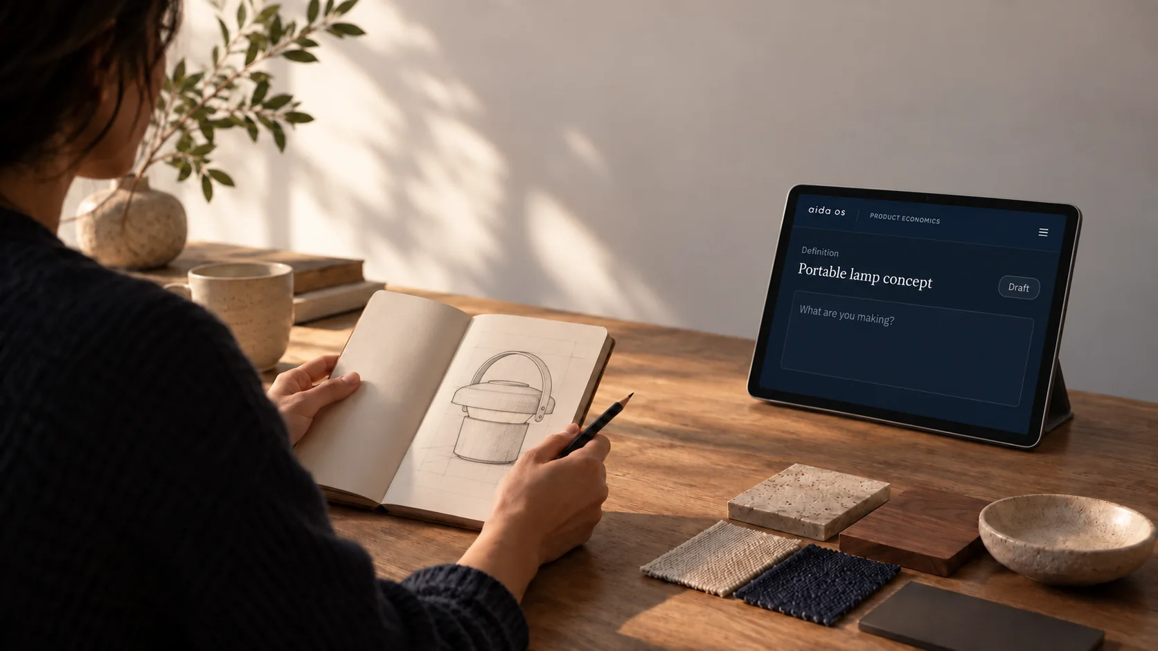 Designer sketching the arched-handle Lumen Portable Table Lamp beside an illustrative Aida tablet on its stand