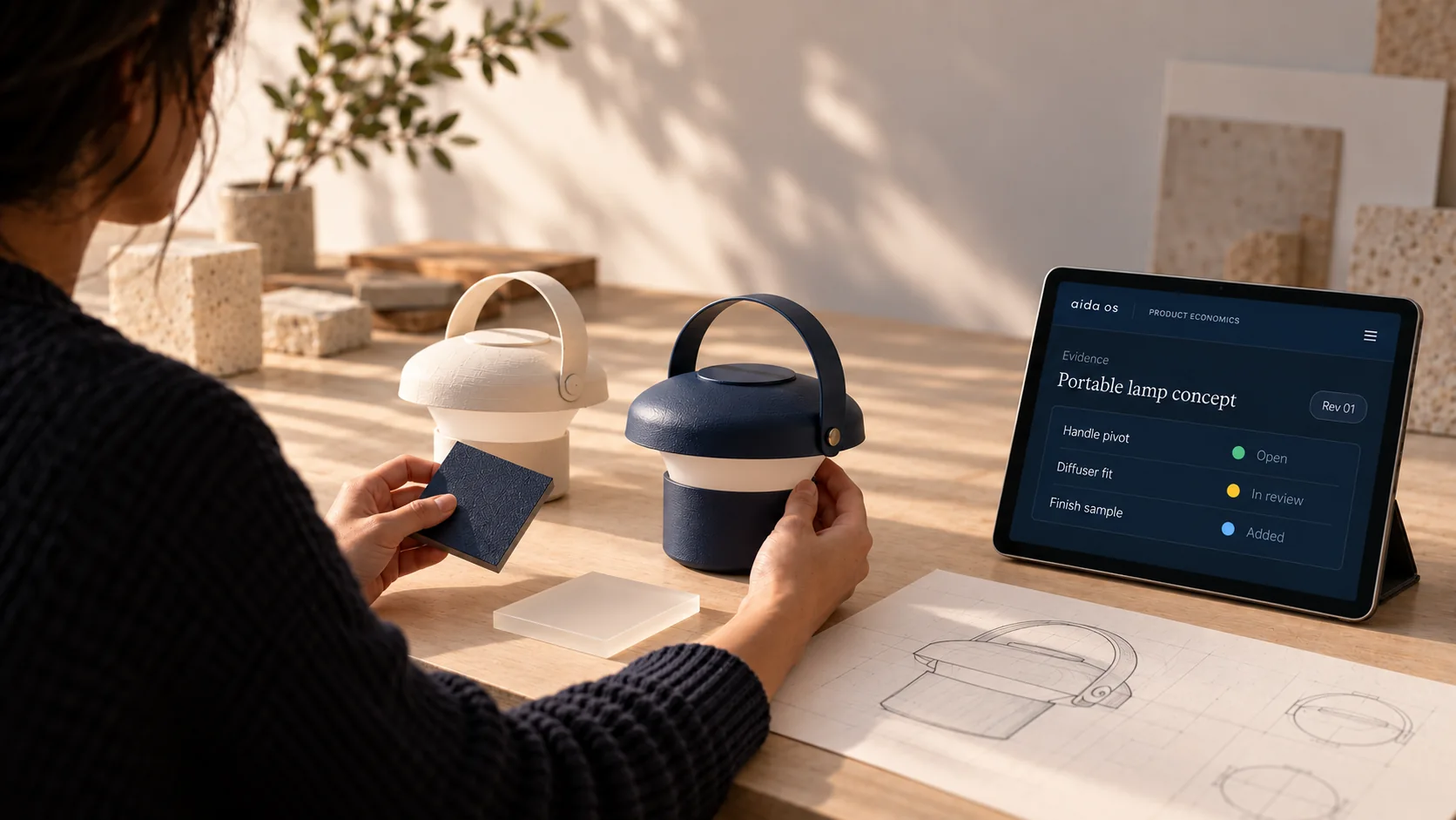 Designer compares a material sample and the Lumen Portable Table Lamp with an earlier white study beside an Aida tablet