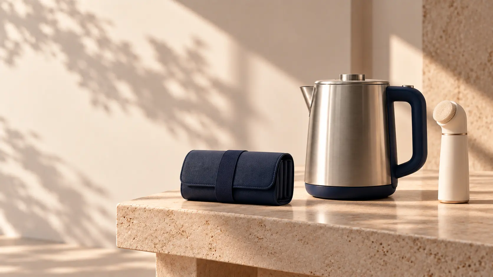 Fictional portfolio concept: a navy accessory, stainless kettle and pale handheld object on a stone worktop