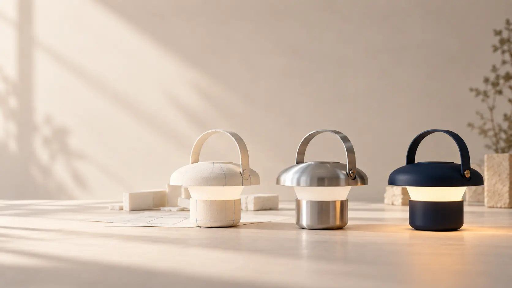 Three fictional Lumen portable lamp stages in white, brushed metal and navy, each with an arched handle