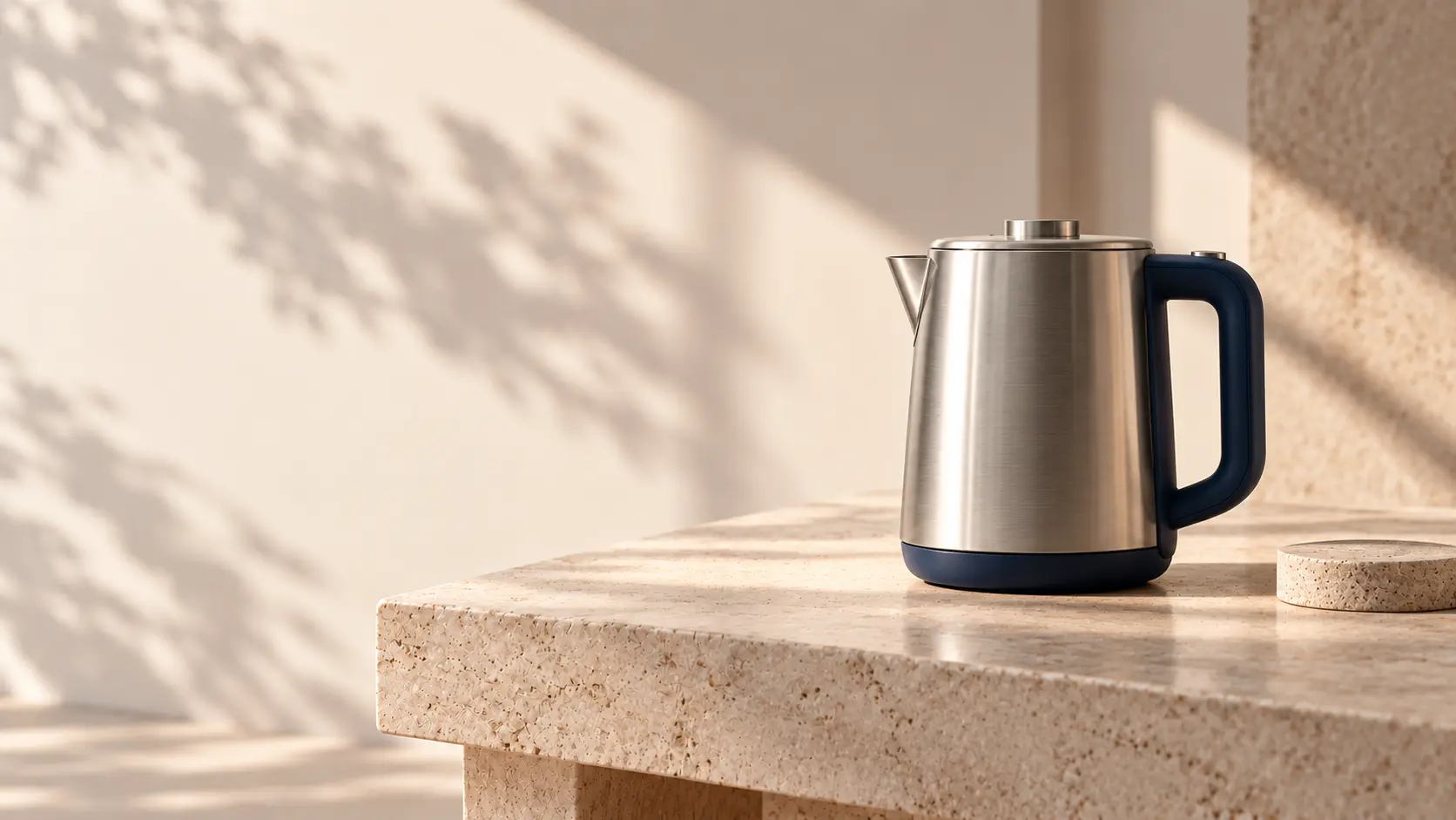 Fictional stainless kettle concept with navy handle on a sunlit stone counter
