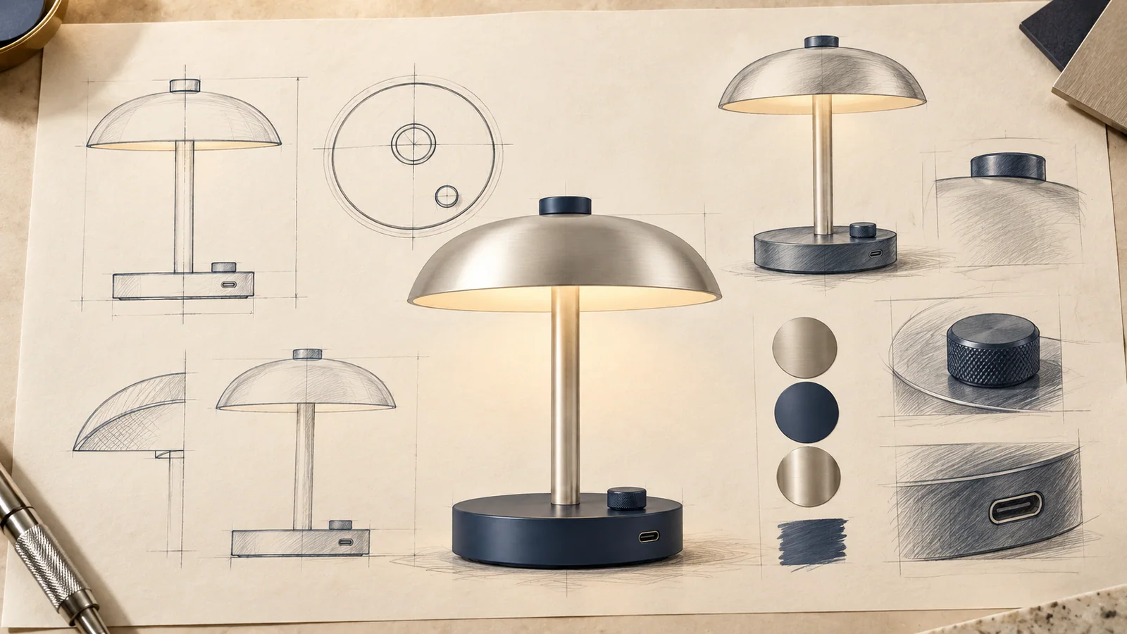 Fictional Arclet Portable concept by the invented Cinderline Design Studio: pencil concept sketch with planning notes.