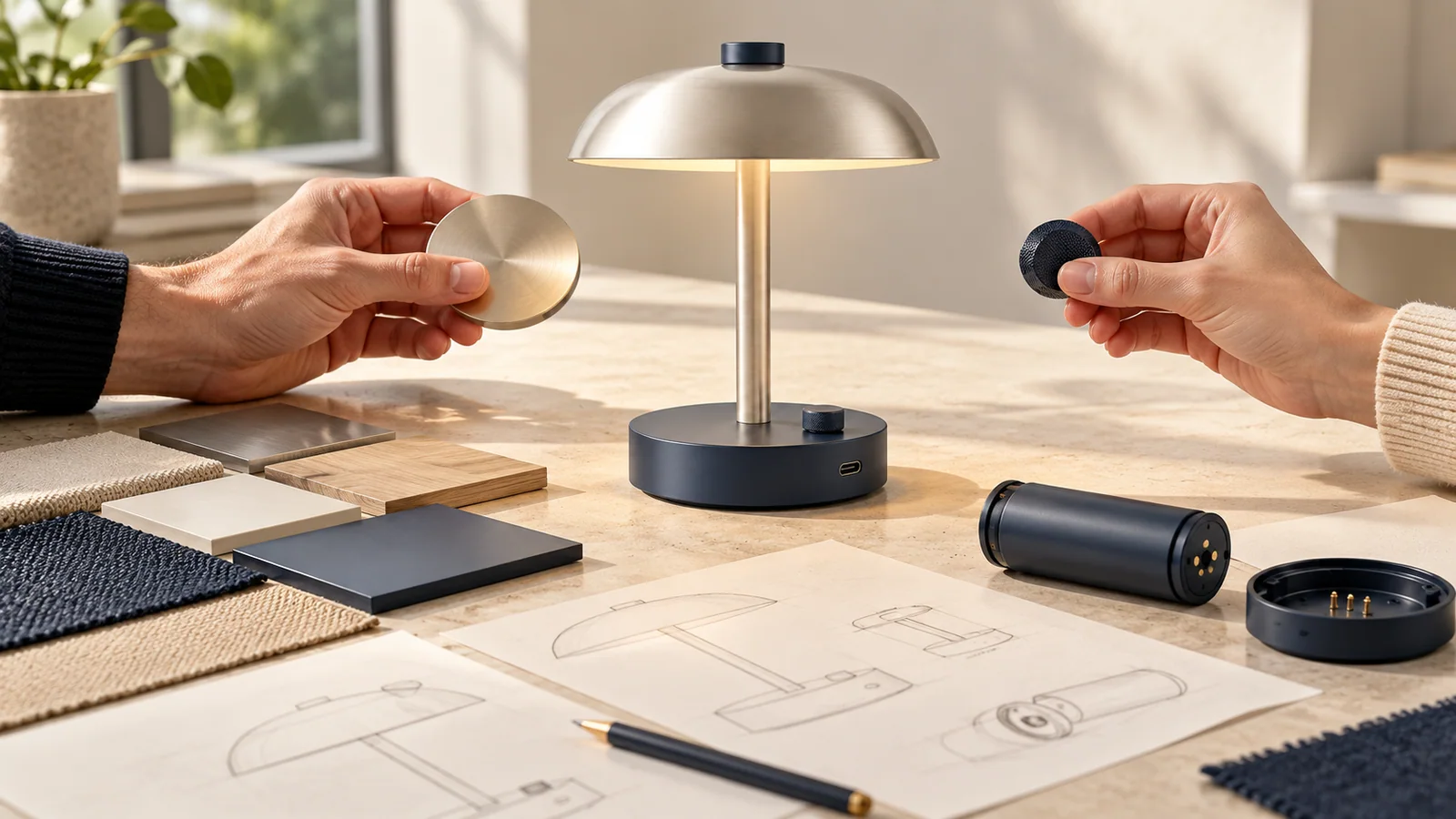 Fictional Arclet Portable concept by the invented Cinderline Design Studio: fictional product team reviewing the concept.