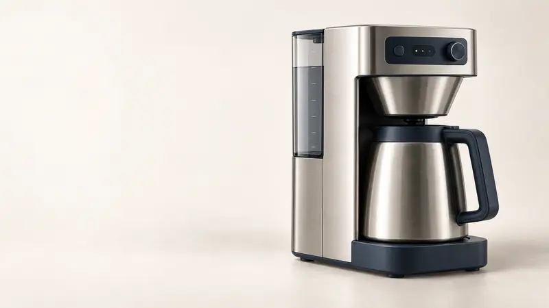 Fictional Daybreak Brewer concept with a stainless body, navy base, water reservoir and thermal carafe.