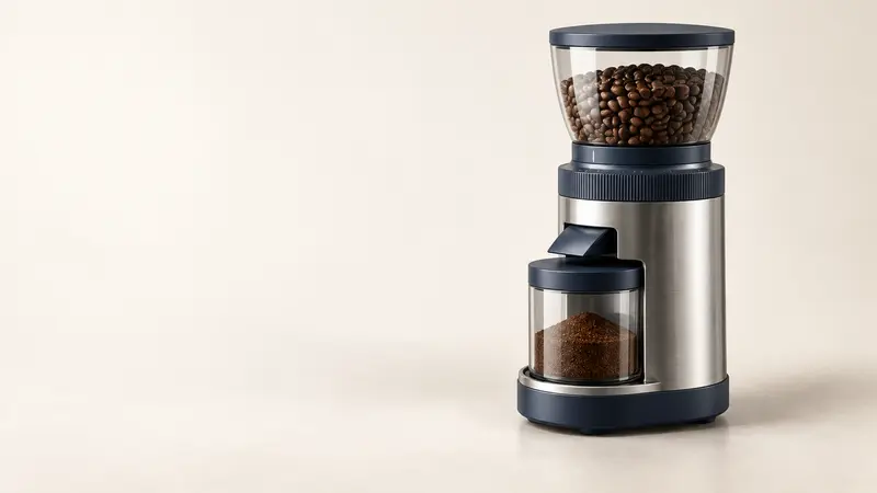 Fictional Grainpath Grinder concept with a stainless body, navy base, clear bean hopper and grounds cup.